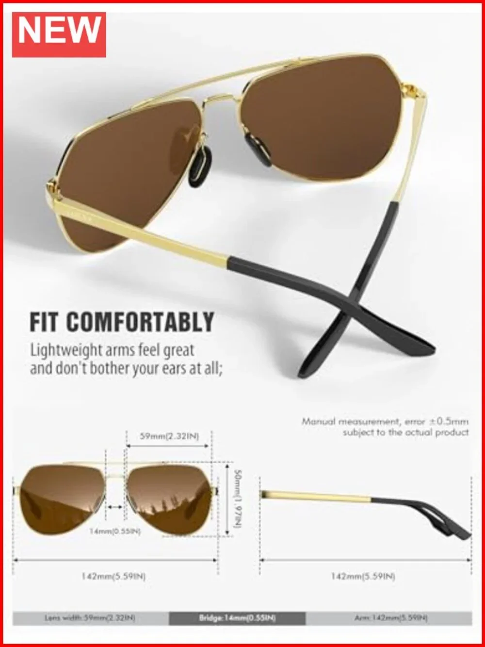Polarized Aviator Sunglasses with Spring Hinge Metal Frame UV400 Protection